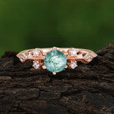 Round Cut Moss Agate Engagement Ring Unique Distance Band Ring